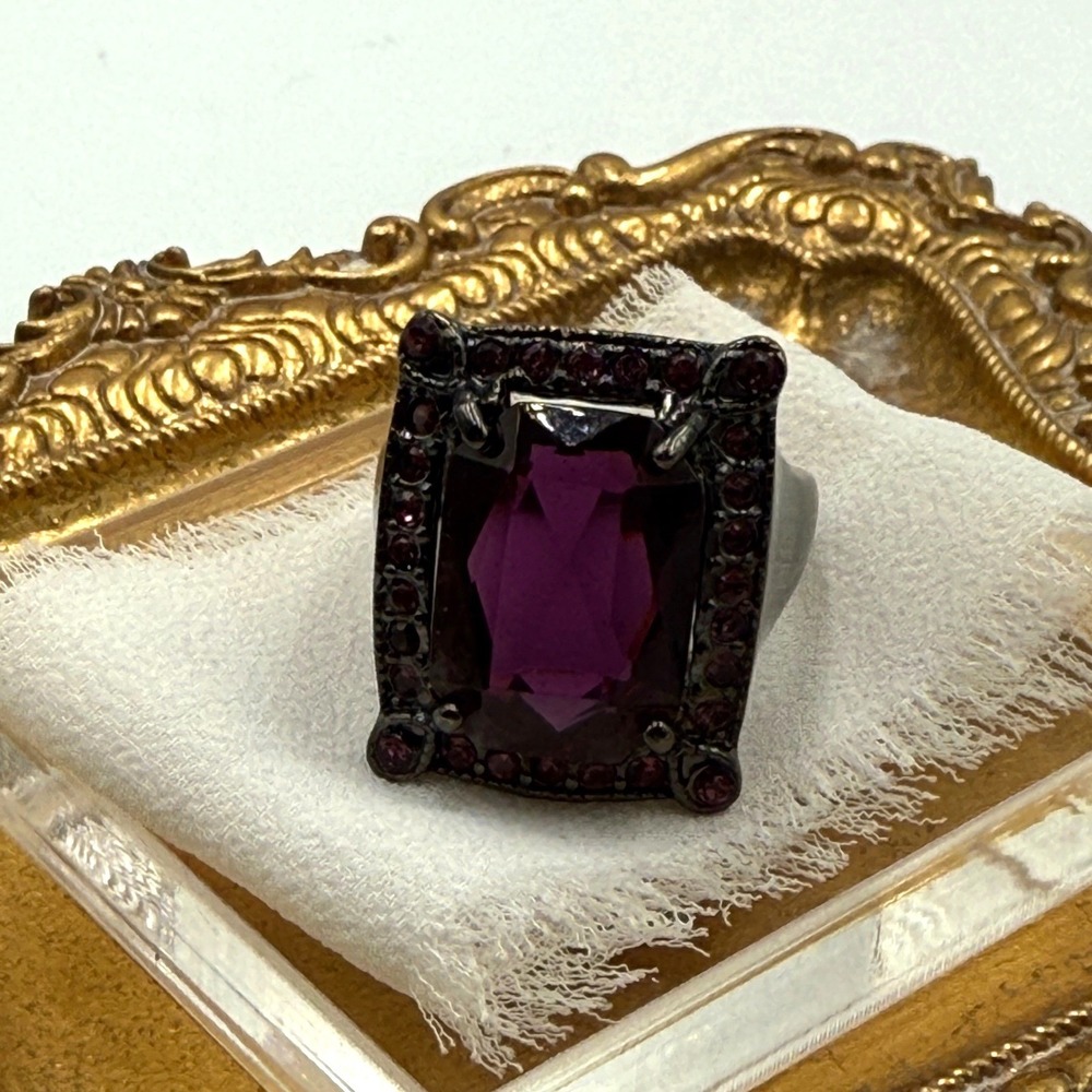 Gunmetal Purple Crystal Cocktail Ring Emerald Cut Statement Halo Size 7.5